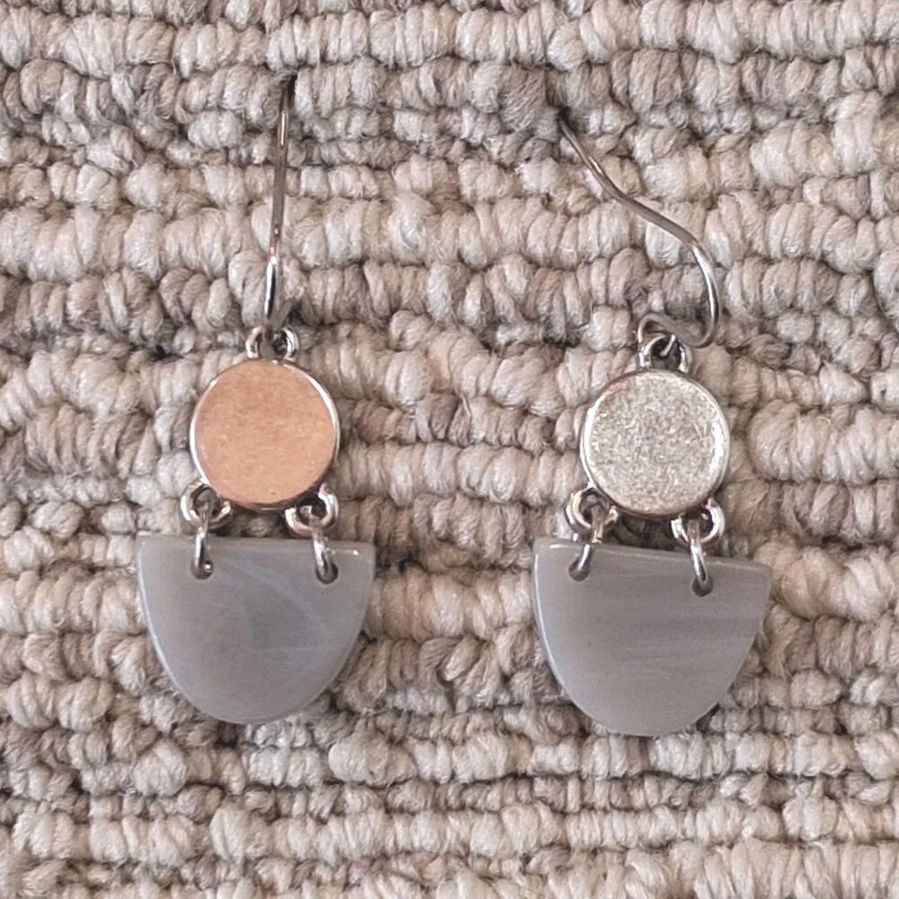 Modern Geometric Dangle Earrings Gray Acrylic Semicircle Two Tone Mixed Metal...